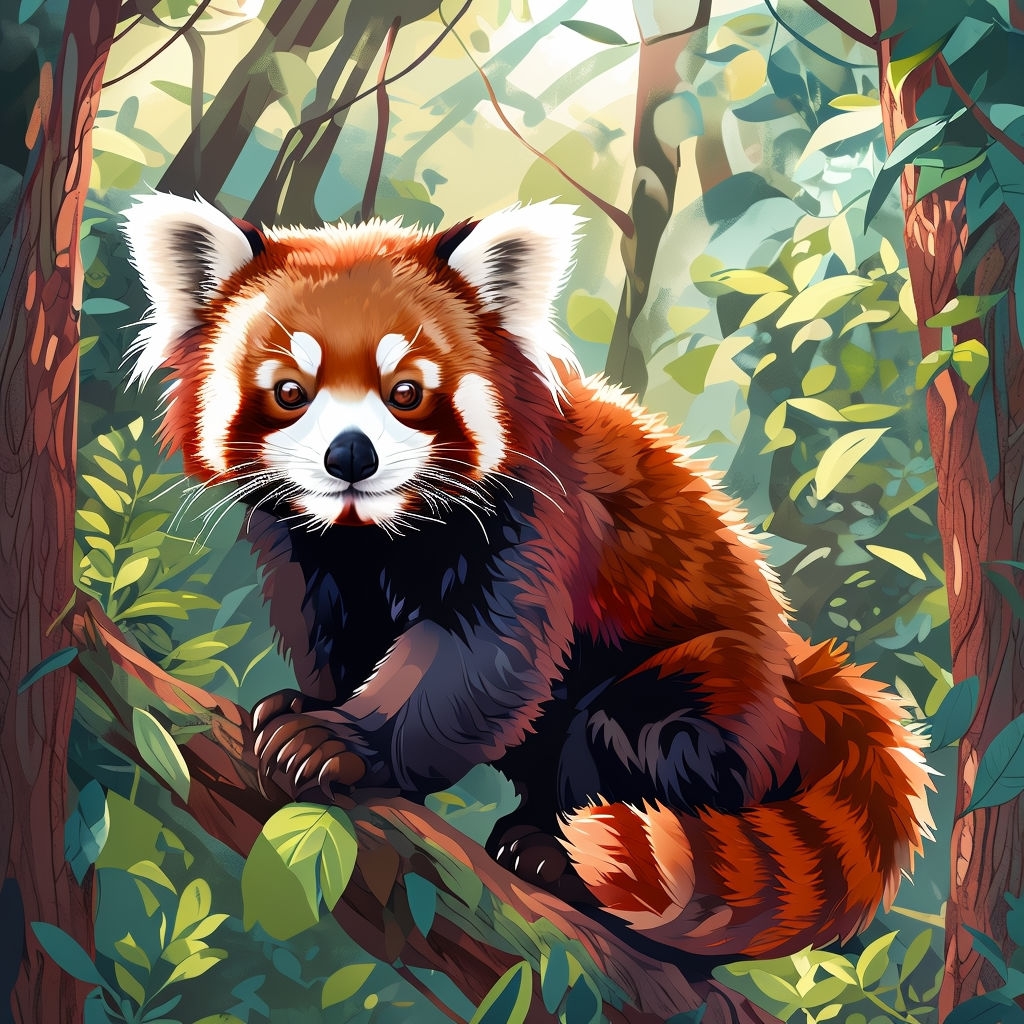 Whimsical Red Panda Surrounded by Lush Greenery Art