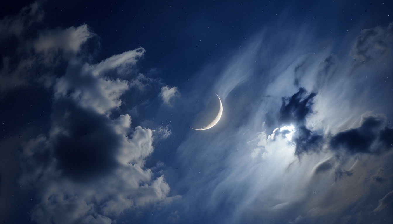 Serene Night Sky with Crescent Moon and Dramatic Clouds Virtual Backgrounds