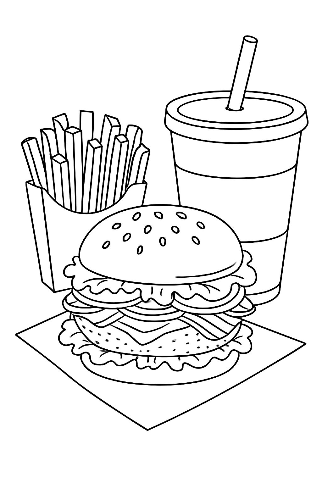 Classic Fast Food Meal Line Drawing for Coloring Book Pages