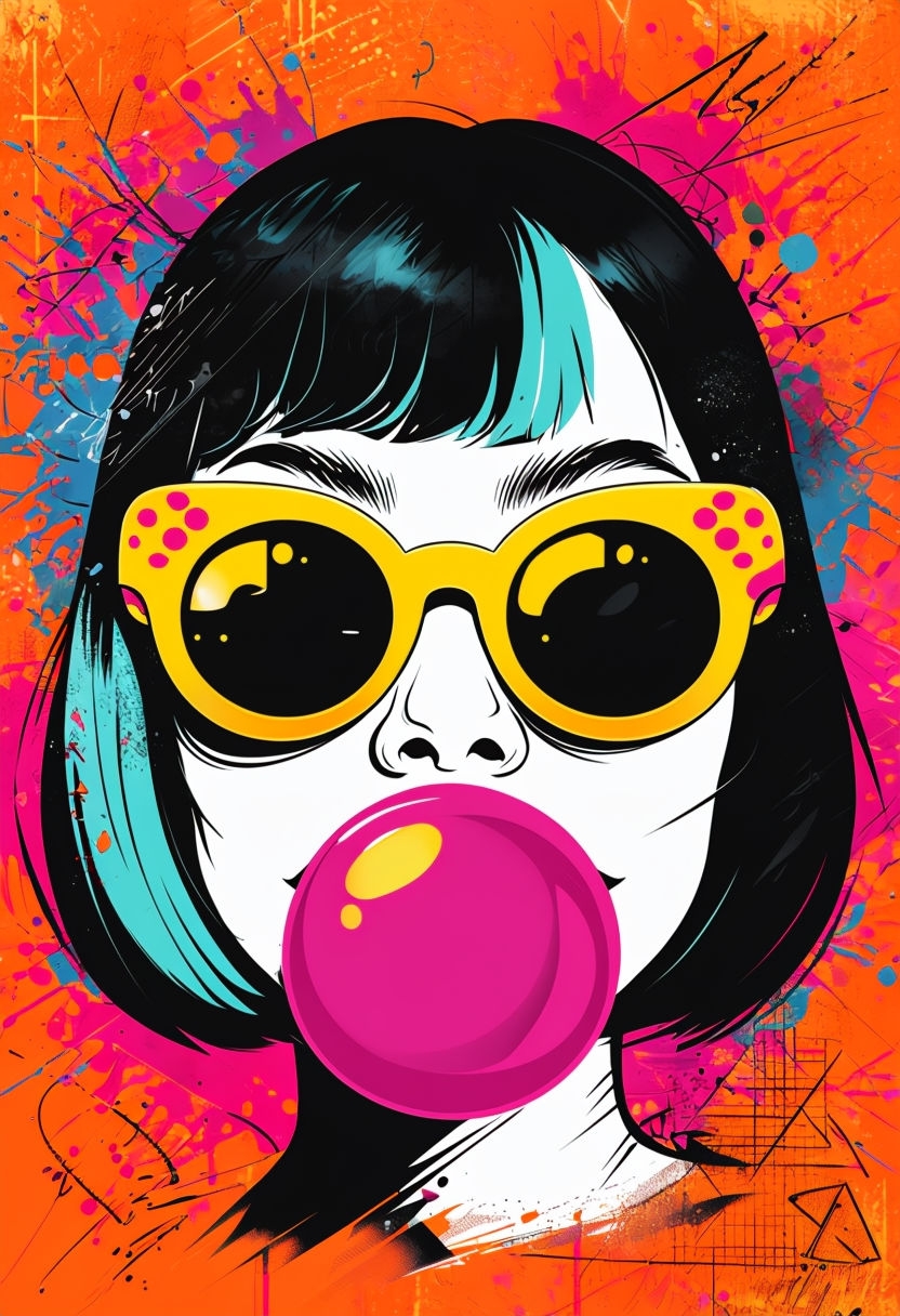 Vibrant Pop Art Face with Sunglasses and Bubblegum Poster