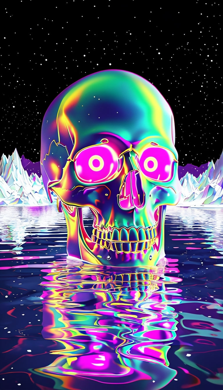 Neon Skull Reflections in Water with Vaporwave Aesthetics Mobile Wallpaper