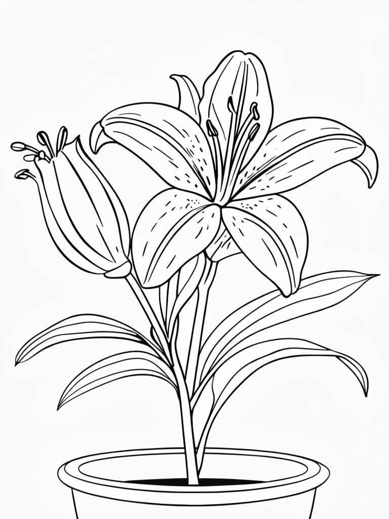 Elegant Black and White Lily Flower Line Art for Coloring Book Pages