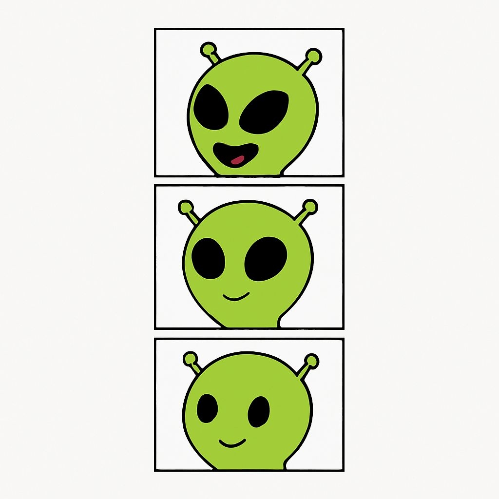 Playful Cartoon Alien Expressions in Three Panel Sticker