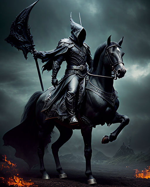 Full body photograph of an mighty evil shadow nazgul riding ... by ...