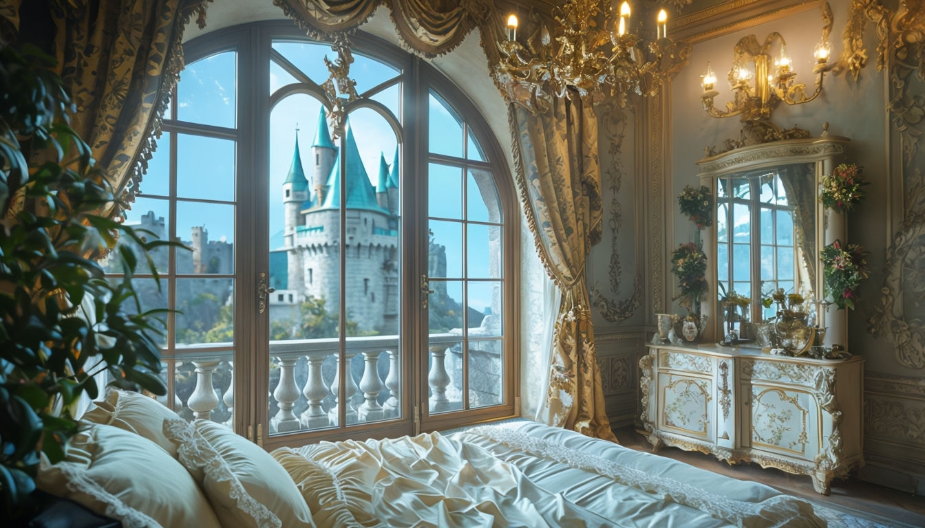 Luxurious Opulent Bedroom with Castle View Virtual Background