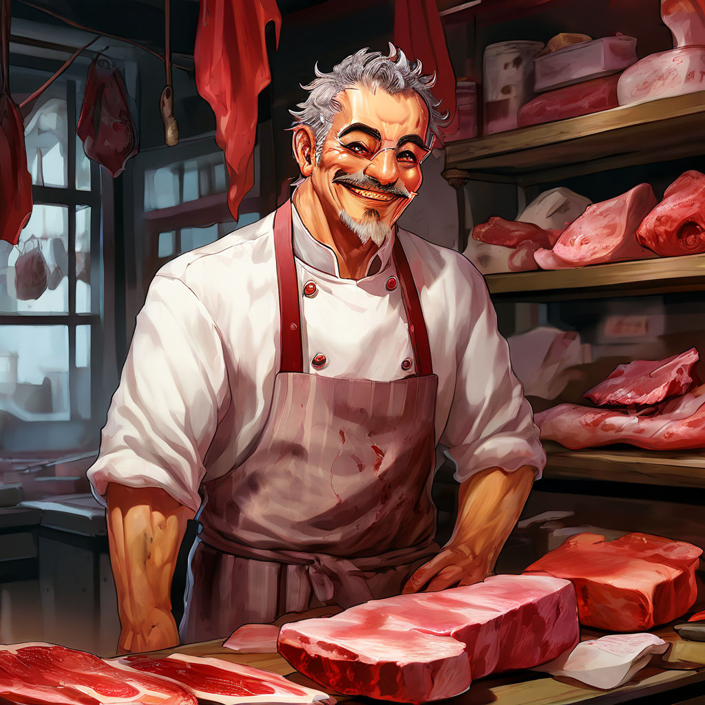 An anthropomorphic butcher character drawn in anime style by mishi ...