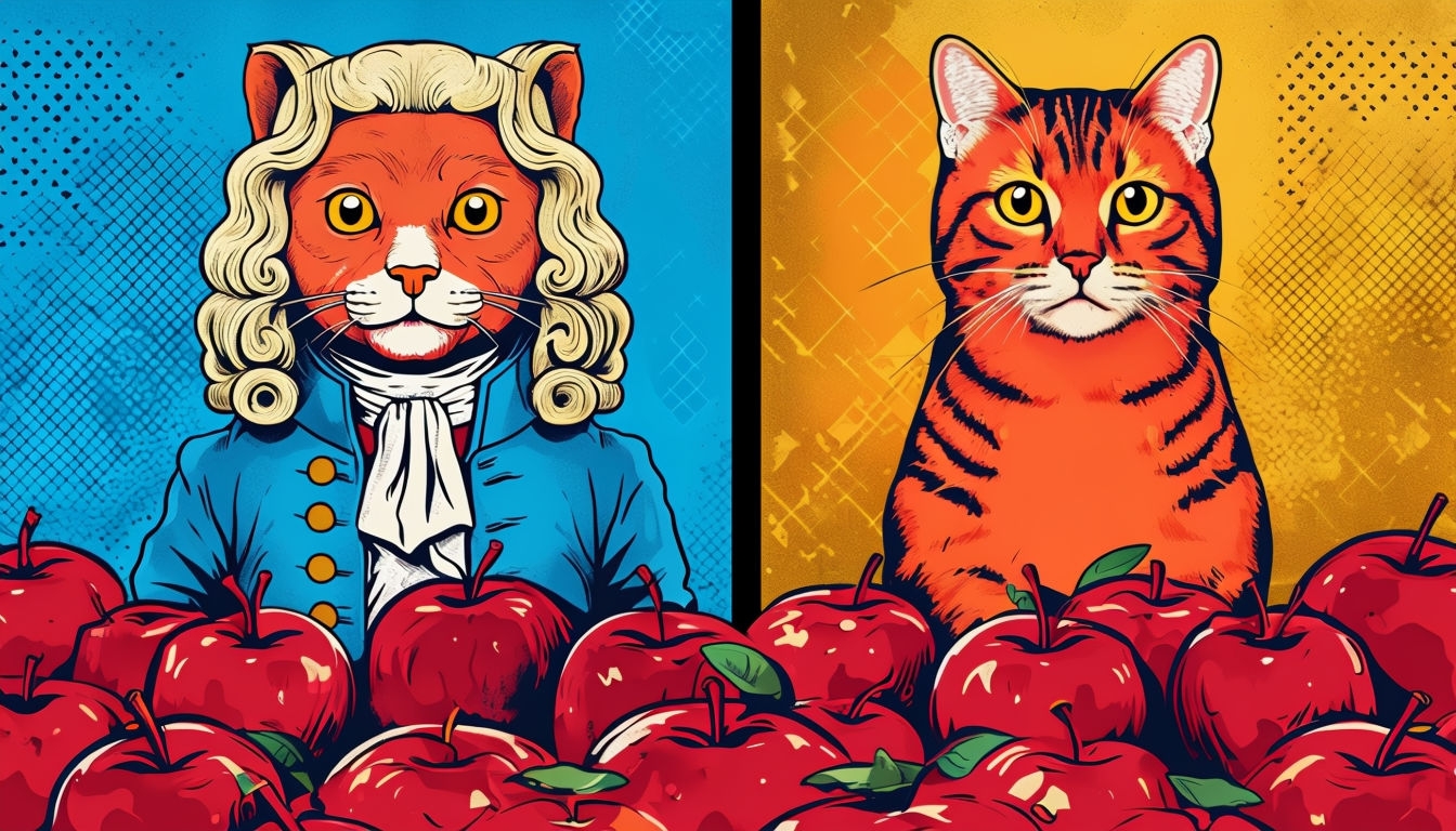 Whimsical Pop Art Cats in Historical Attire with Red Apples Poster
