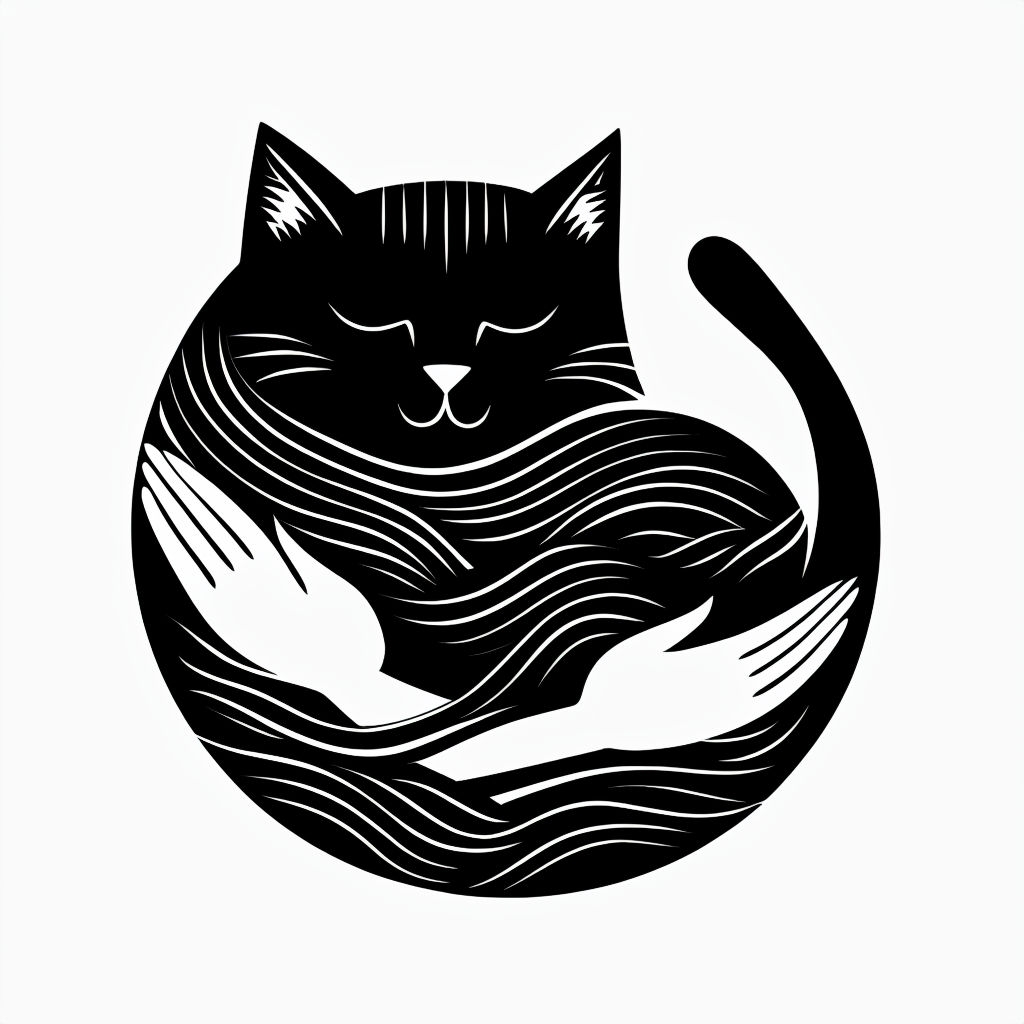 Minimalist Black and White Cat Hugging Itself Illustration Sticker