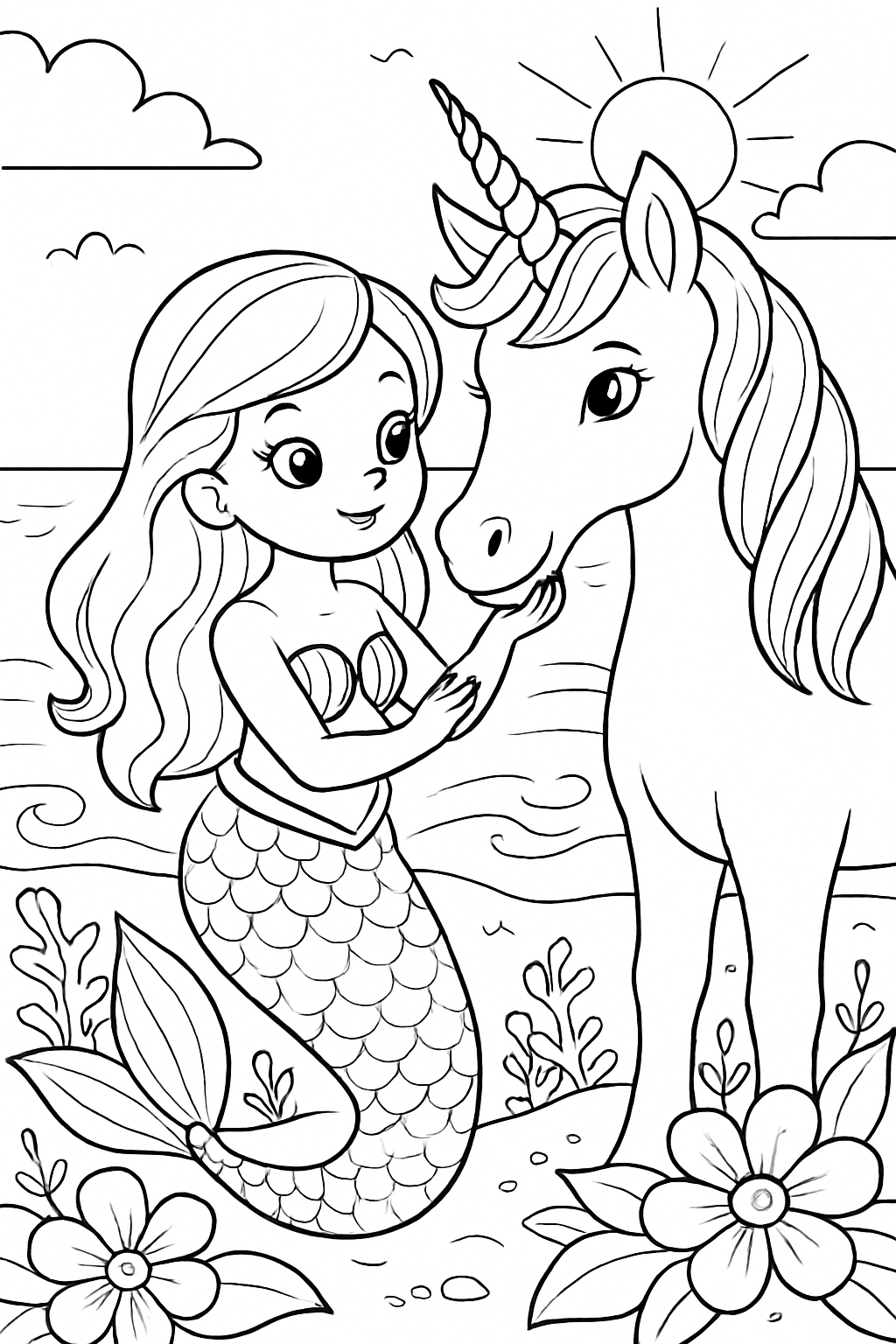 Whimsical Mermaid and Unicorn Serene Beach Scene Coloring Page