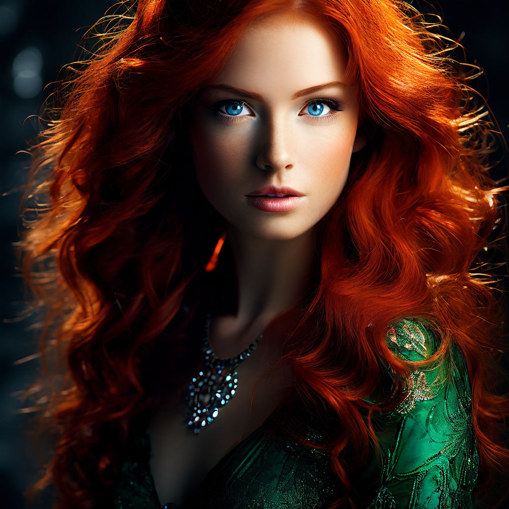 a woman with red hair and blue eyes