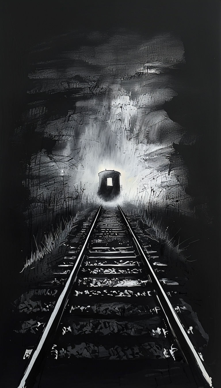 Desolate Railway Track in Ominous Fog Charcoal Art