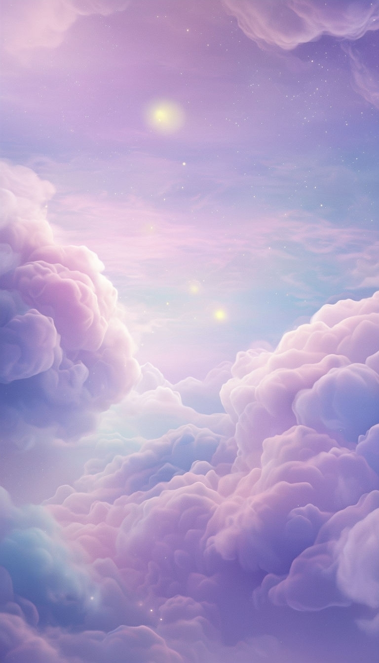 Ethereal Lavender Sky with Fluffy Clouds and Glowing Orbs Wallpaper