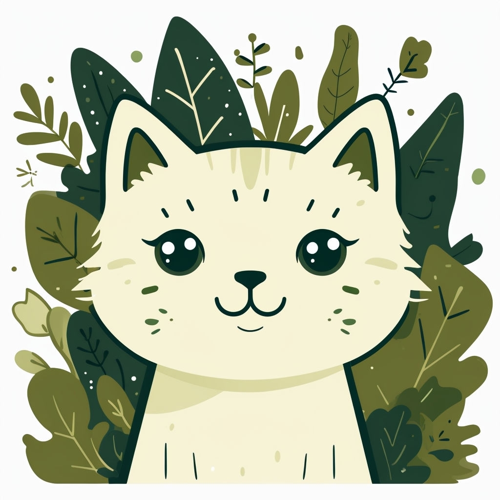 Joyful Cream Cat Face Surrounded by Green Leaves Illustration Art