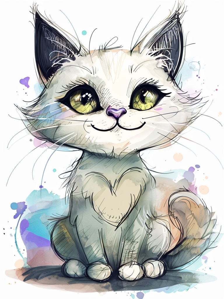 Playful Whimsical Cat Illustration in Soft Pastel Colors Art