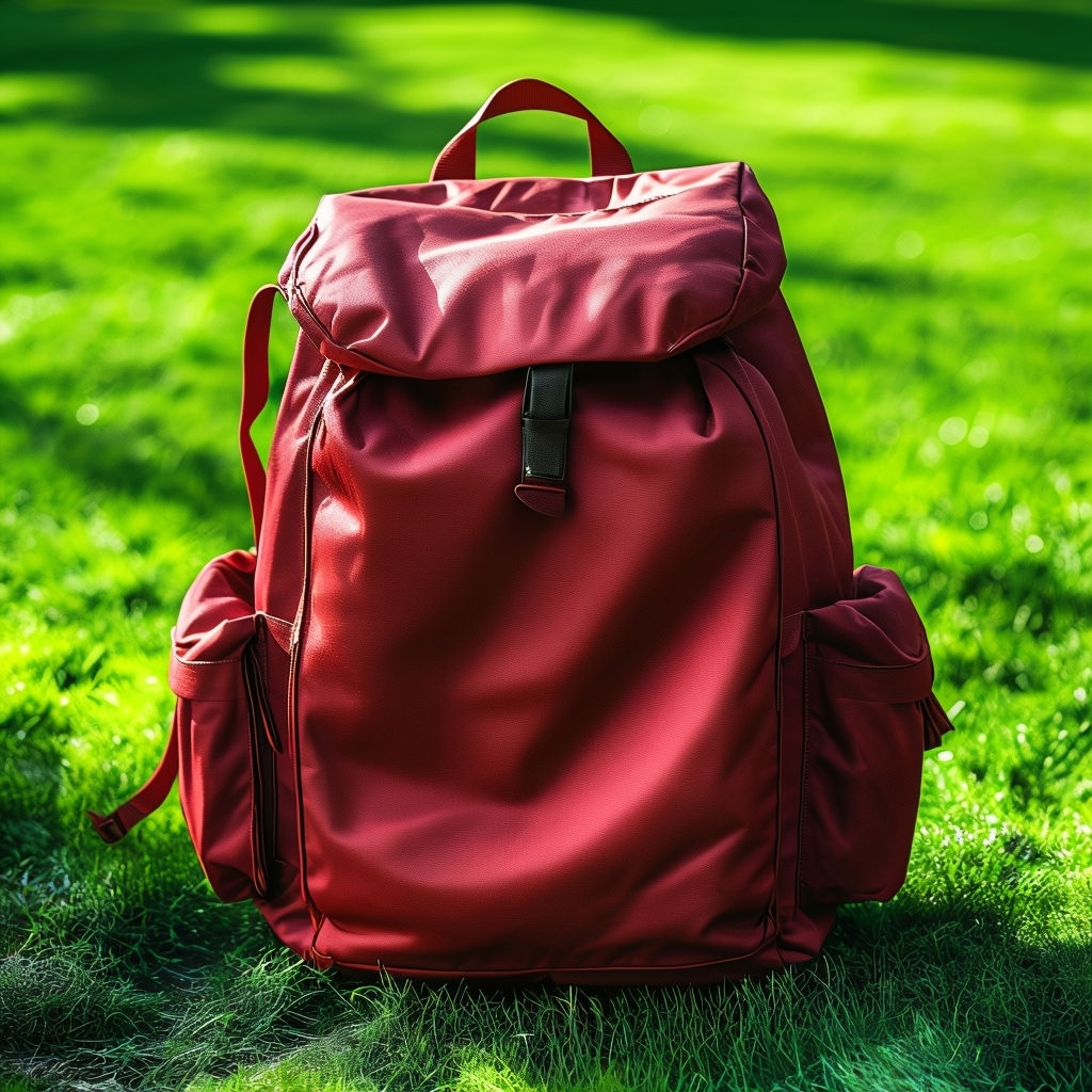 Vibrant Red Backpack on Green Grass Background Mockup