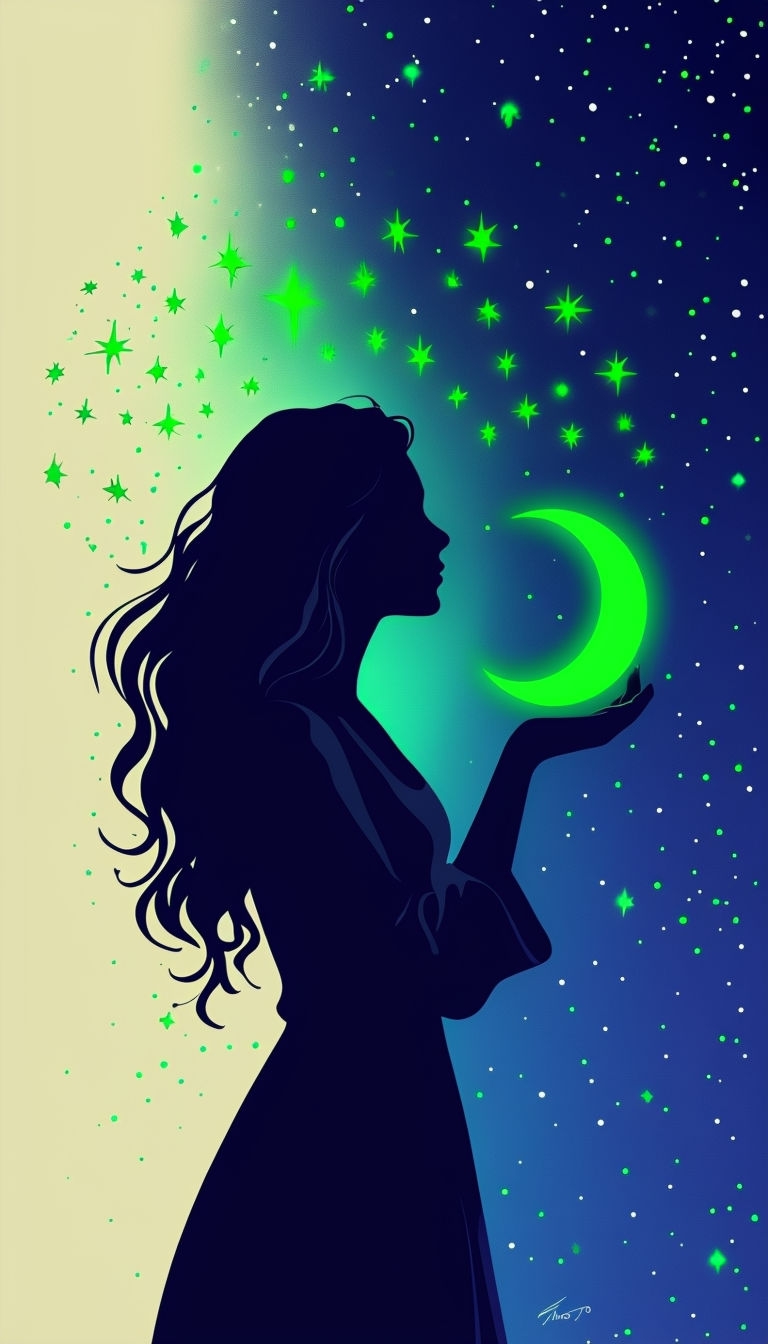 Ethereal Woman Silhouette with Crescent Moon and Stars Mobile Wallpaper