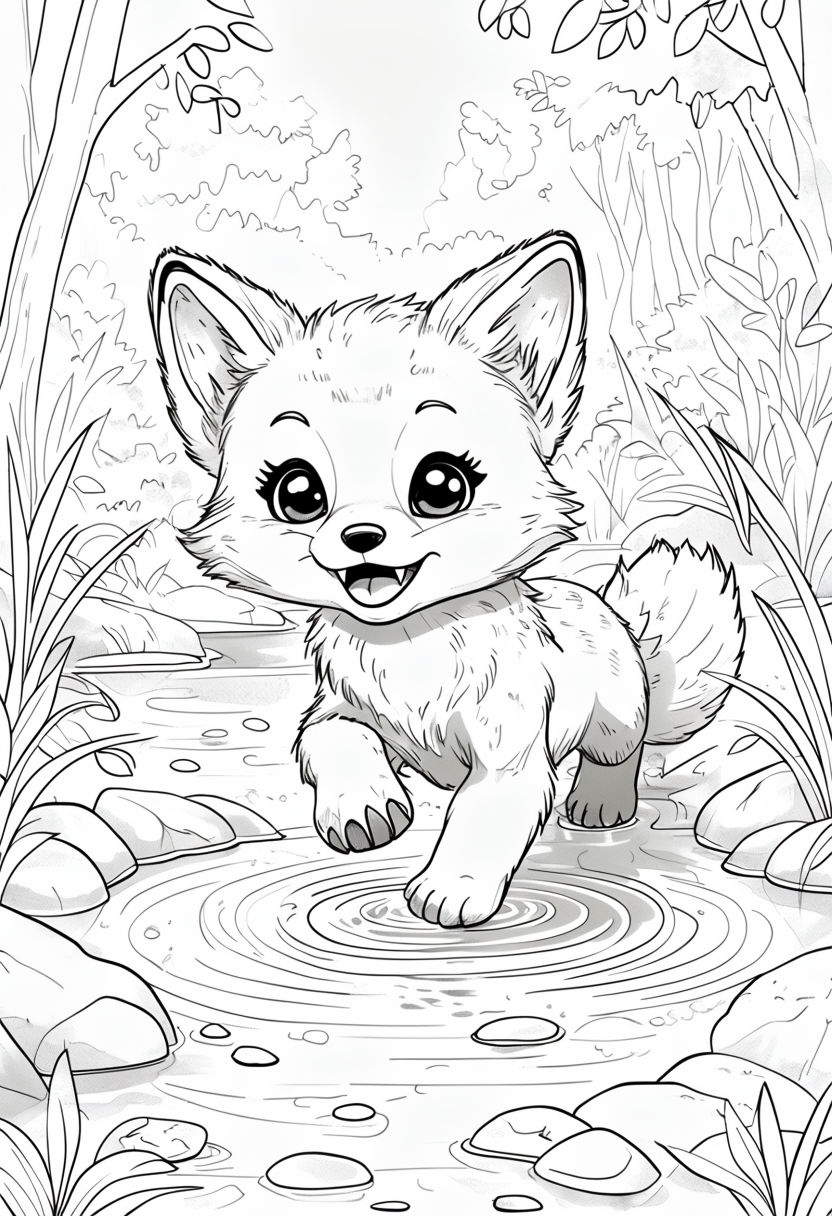 Adorable Fox Cub Coloring Book Page Illustration