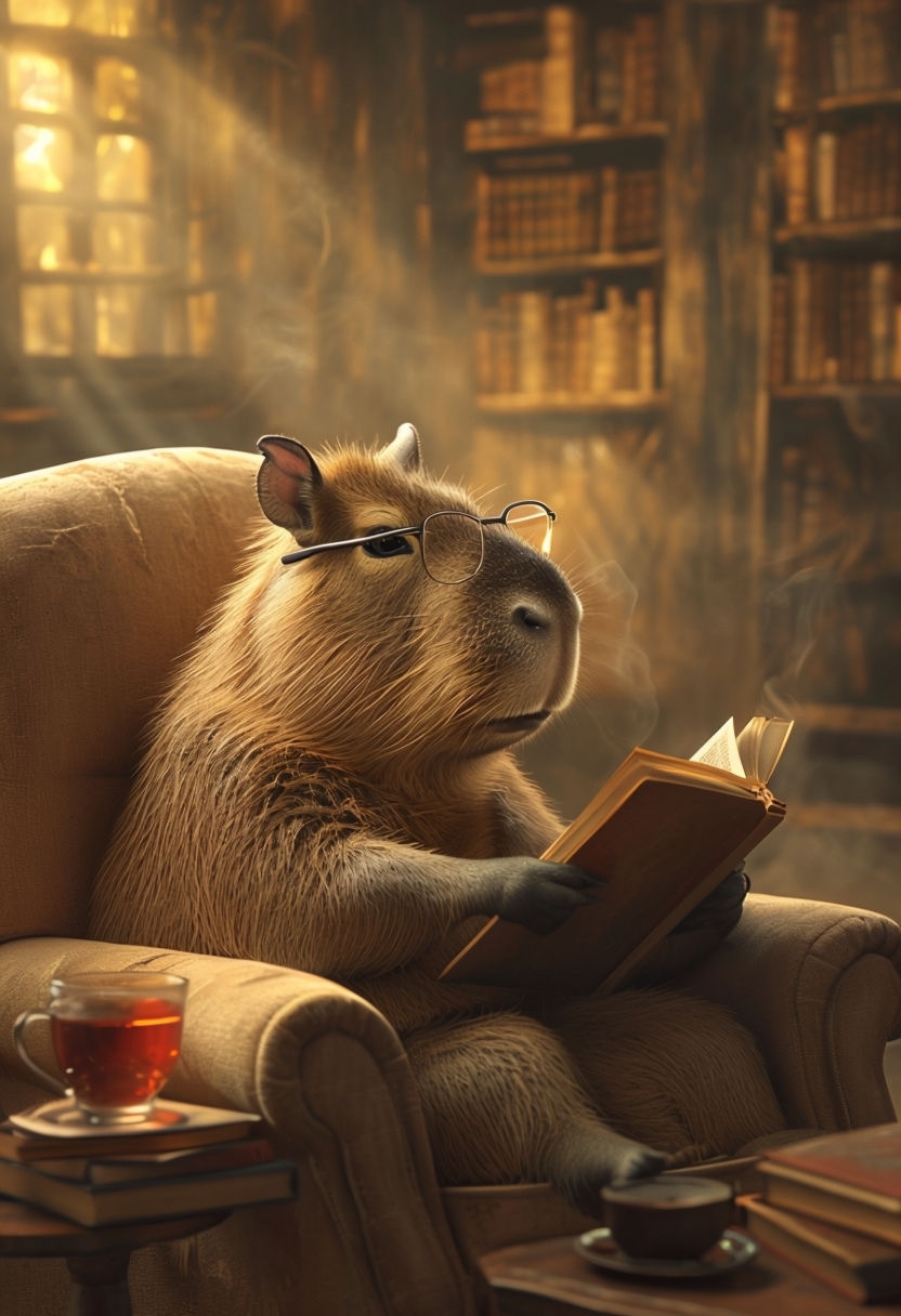 Cozy Capybara Reading in a Warm Library Art