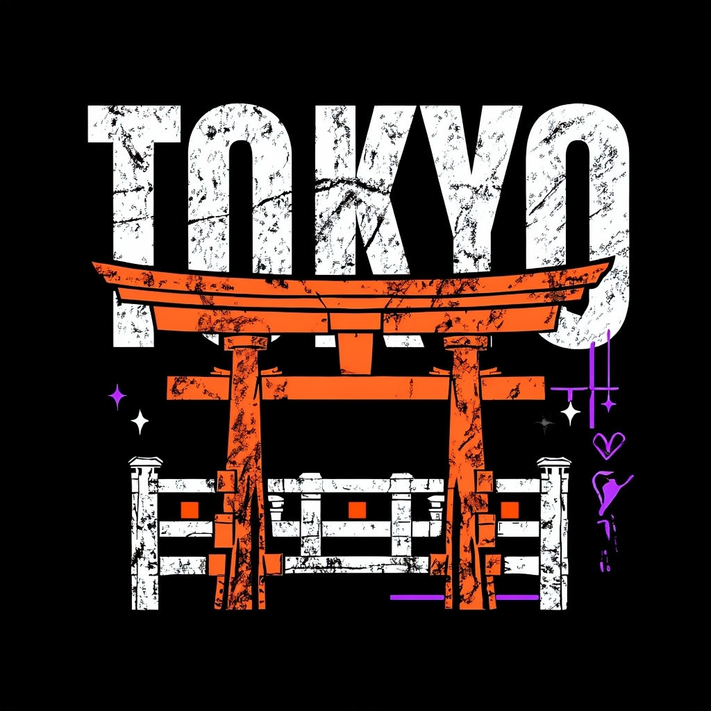 Bold Distressed Tokyo Graphic Design T-Shirt