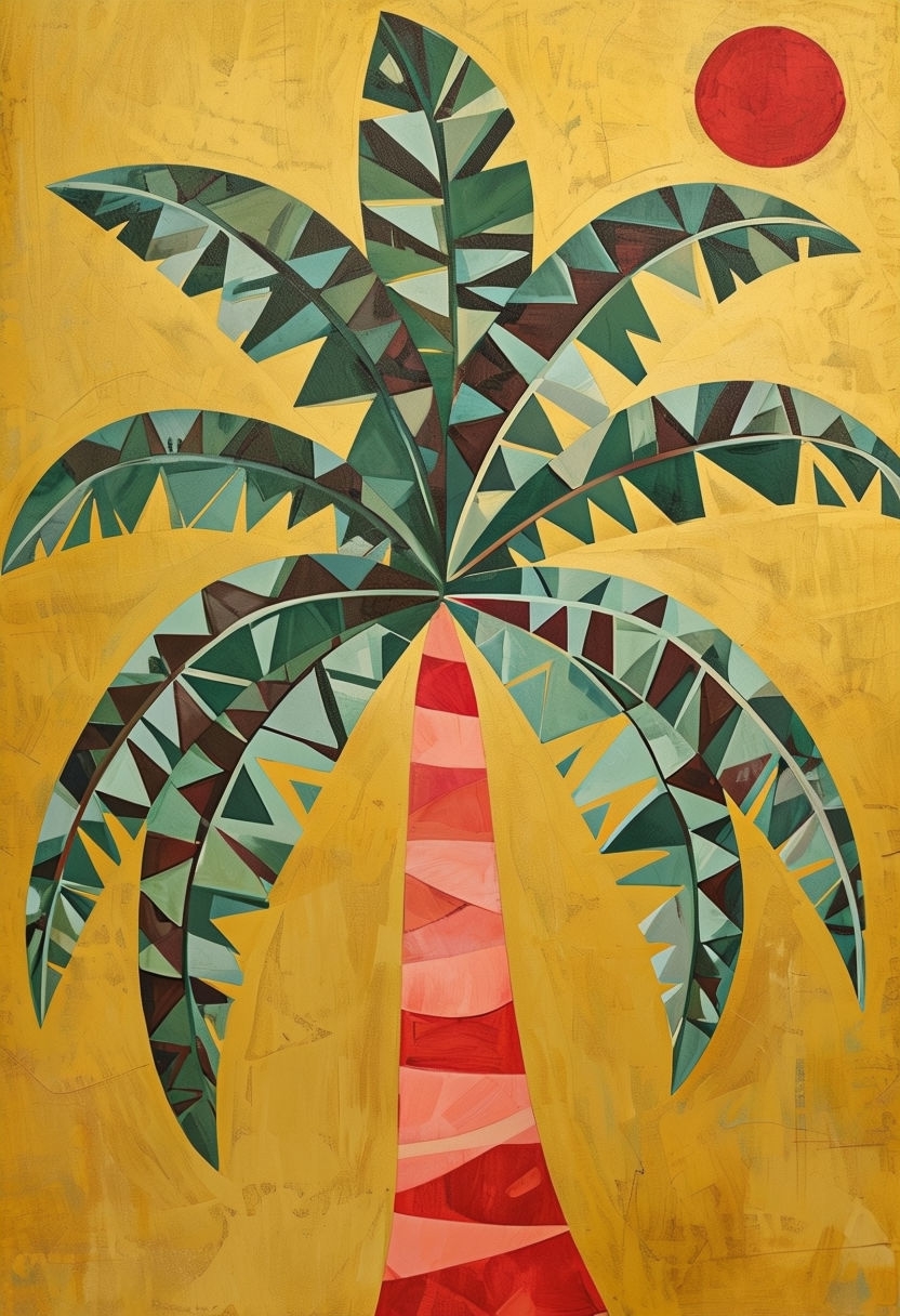 Whimsical Palm Tree Painting with Vibrant Geometric Fronds Art