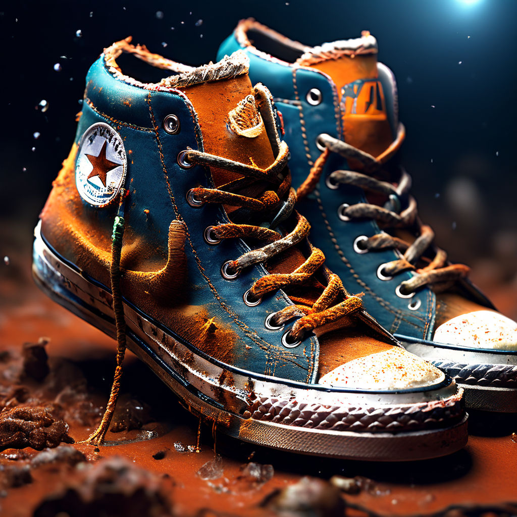 Converse sneakers with dirt stains captured in the style of by