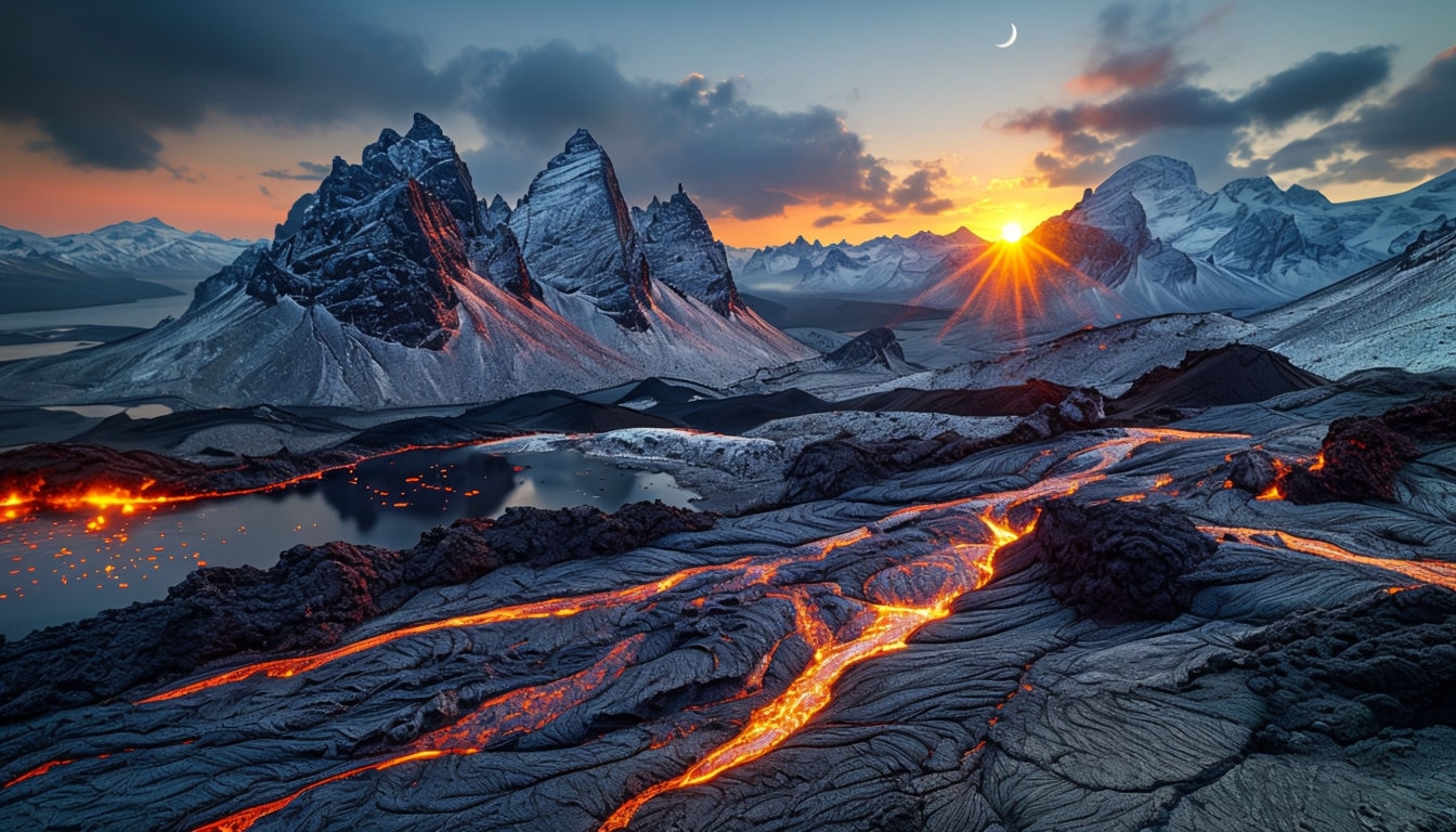 Dramatic Sunset Over Lava Flow and Snow-Capped Mountains Background