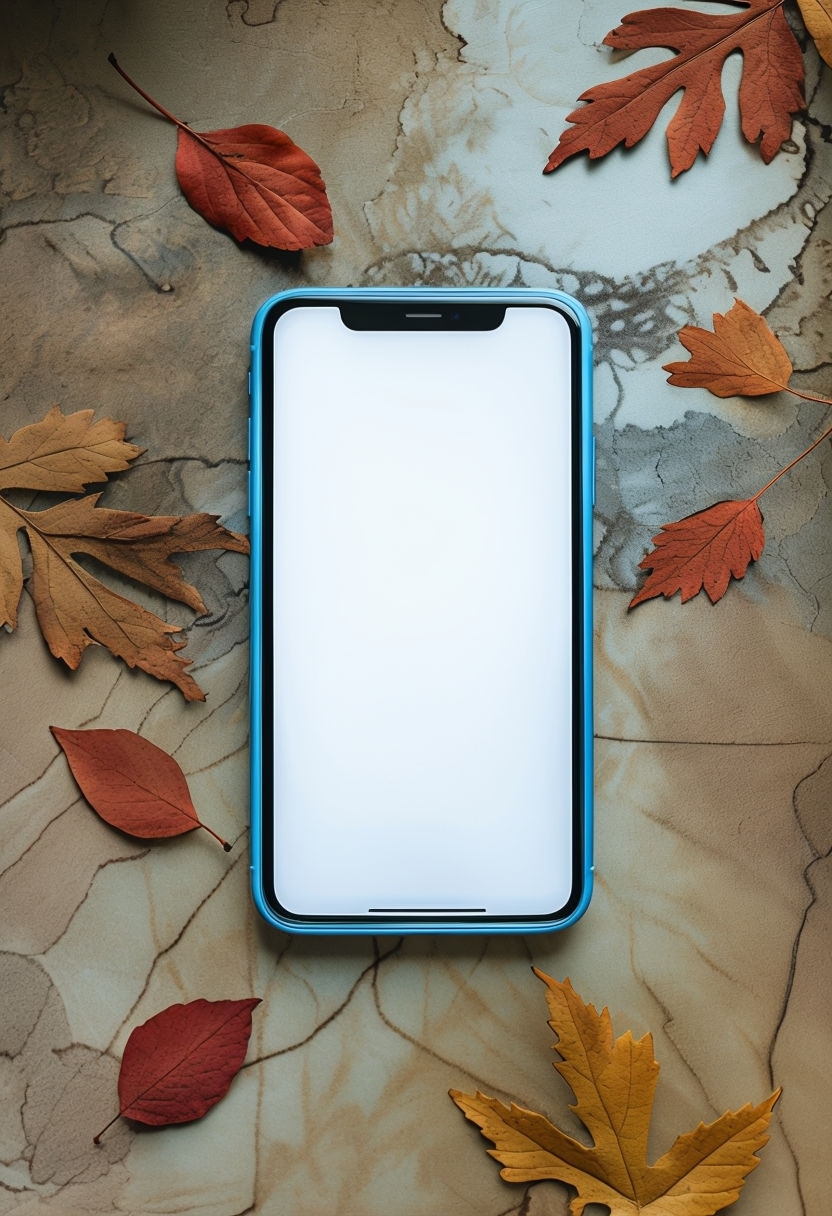 Vibrant Cerulean Blue Smartphone Flat Lay with Autumn Leaves Mockup