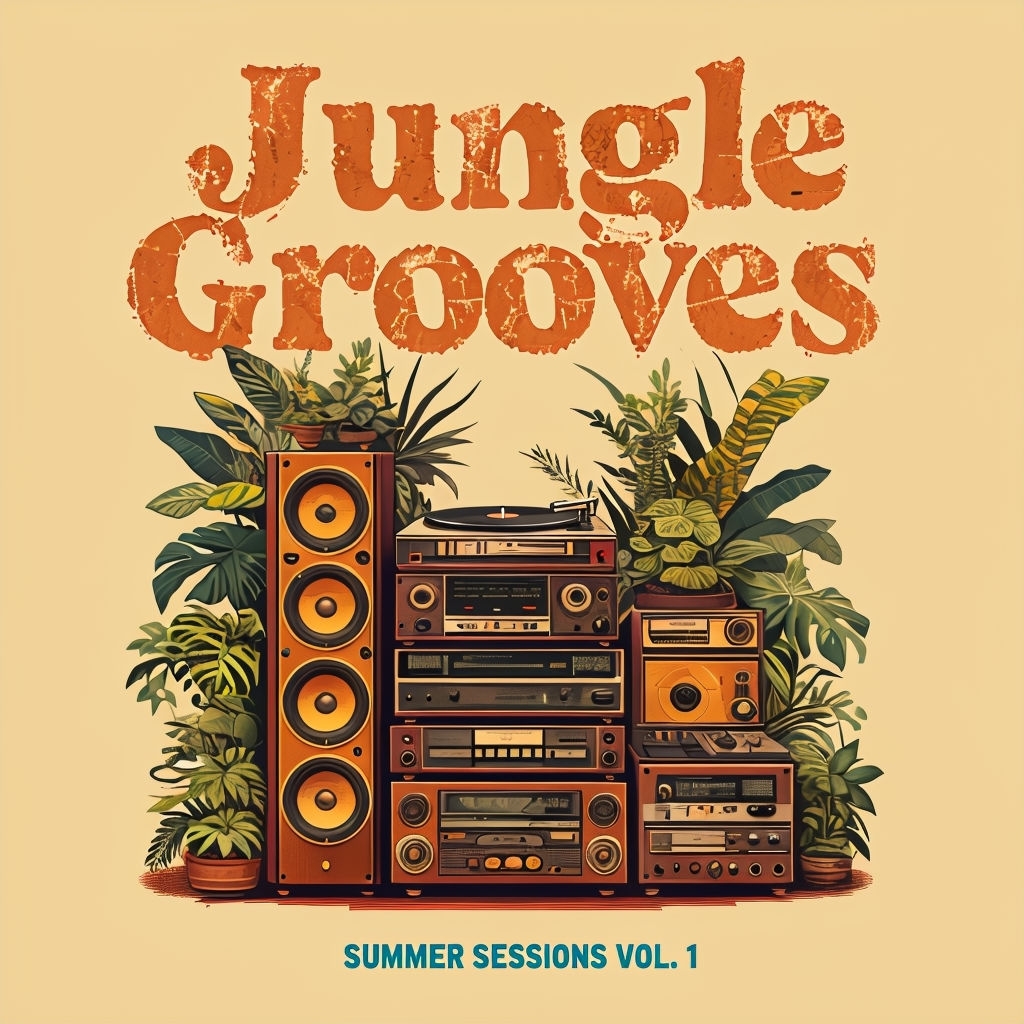 Vintage Jungle Grooves Album Cover with Stereo Equipment