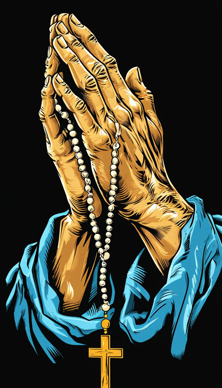 Vintage Comic Style Prayer Hands with Rosary Digital Art Poster