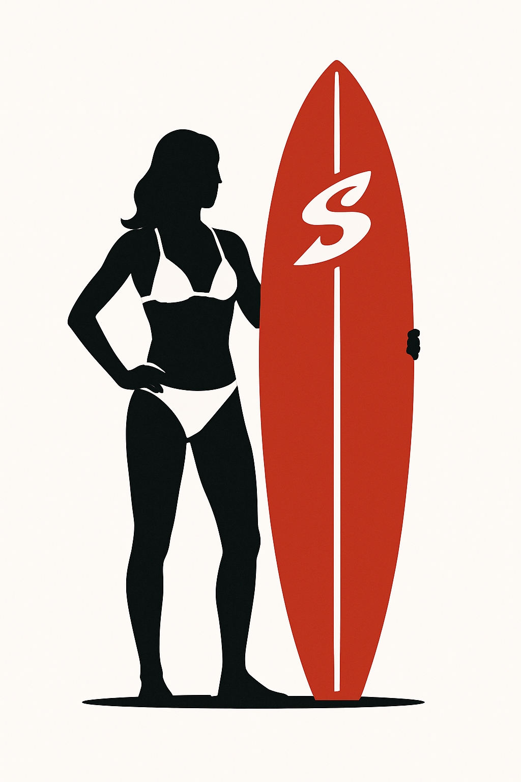 Minimalist Black Silhouette Woman with Red Surfboard T-Shirt