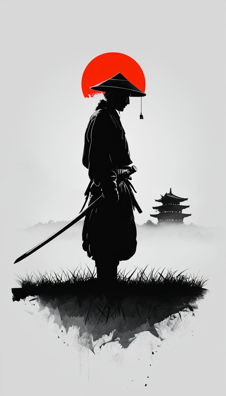 Calm Samurai Silhouette in Grassy Field with Red Sun Mobile Wallpaper