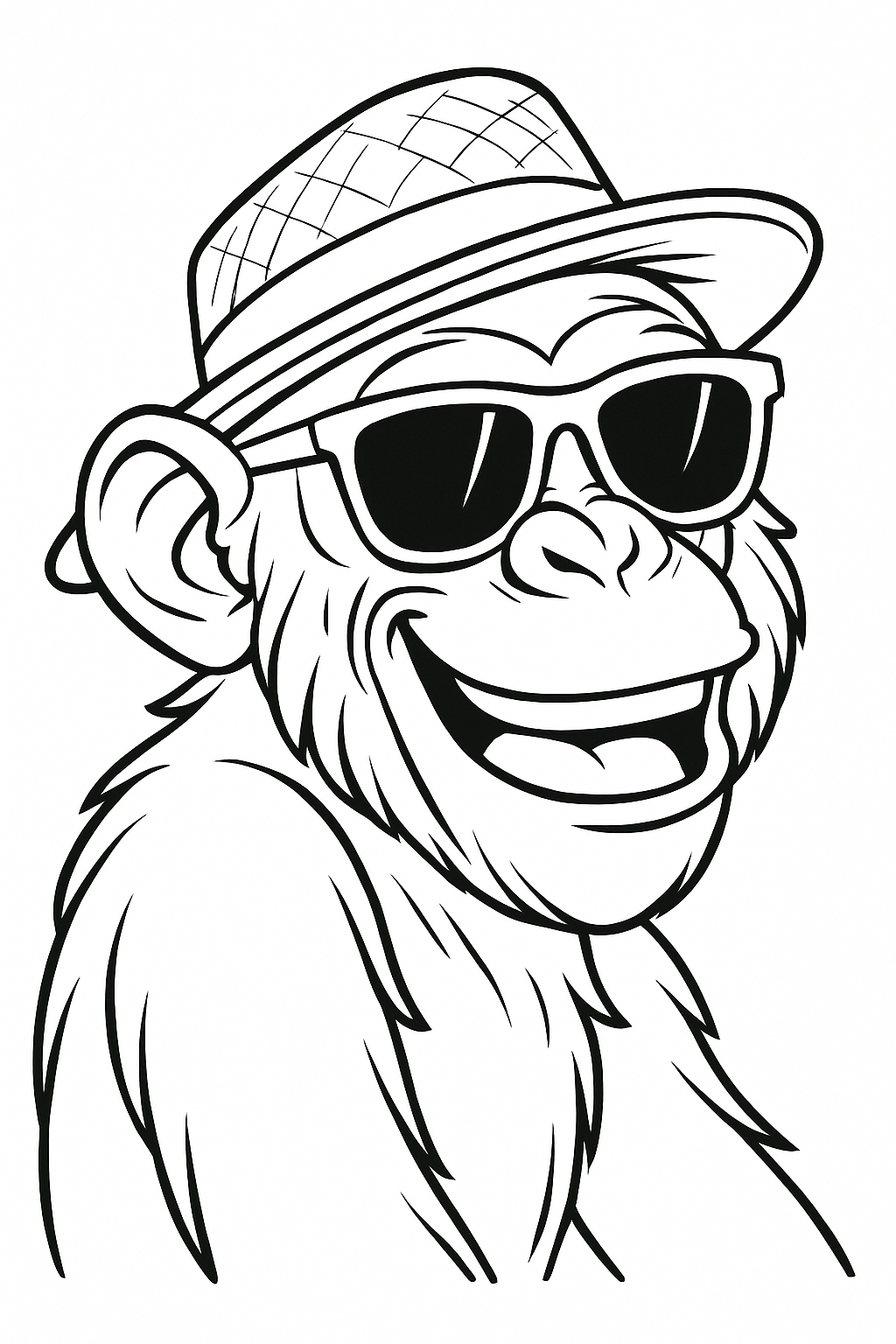 Joyful Cartoon Chimpanzee with Sunglasses and Straw Hat Coloring Book Pages