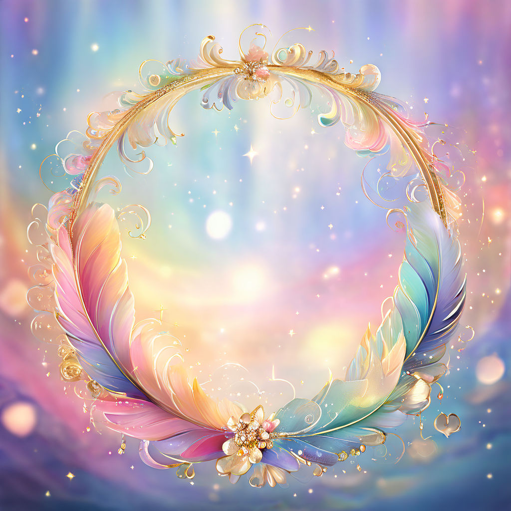 Prompt: Disney-style illustration of a rainbow semicircle adorned with glitter and mother-of-pearl hues, accented with gold and silver touches, surrounded by a dreamy, ethereal backdrop of feathers cascading like a veil, ultra fine, whimsical, digital painting