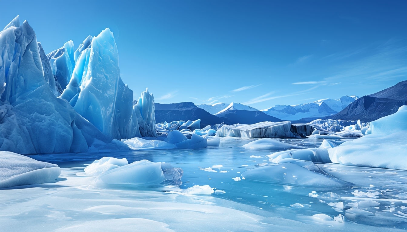 Majestic Icy Glacier Landscape Under Clear Blue Sky Poster