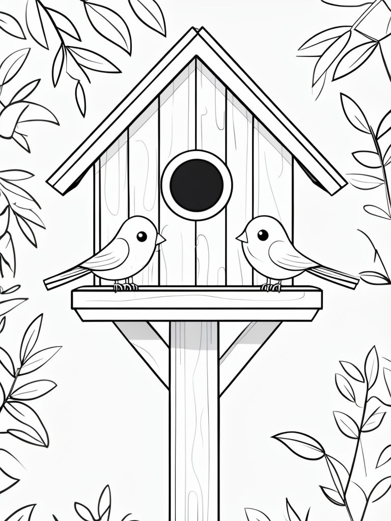 Whimsical Birdhouse with Cartoon Birds Coloring Page