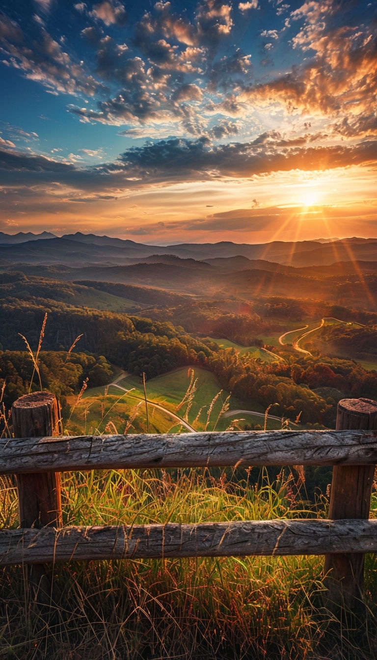Serene Sunset Landscape with Wooden Fence and Wild Grasses Mobile Wallpaper