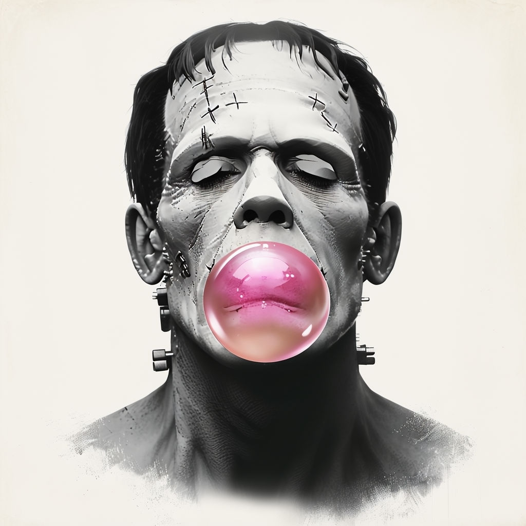 Monochrome Frankenstein's Monster with Pink Bubble Art