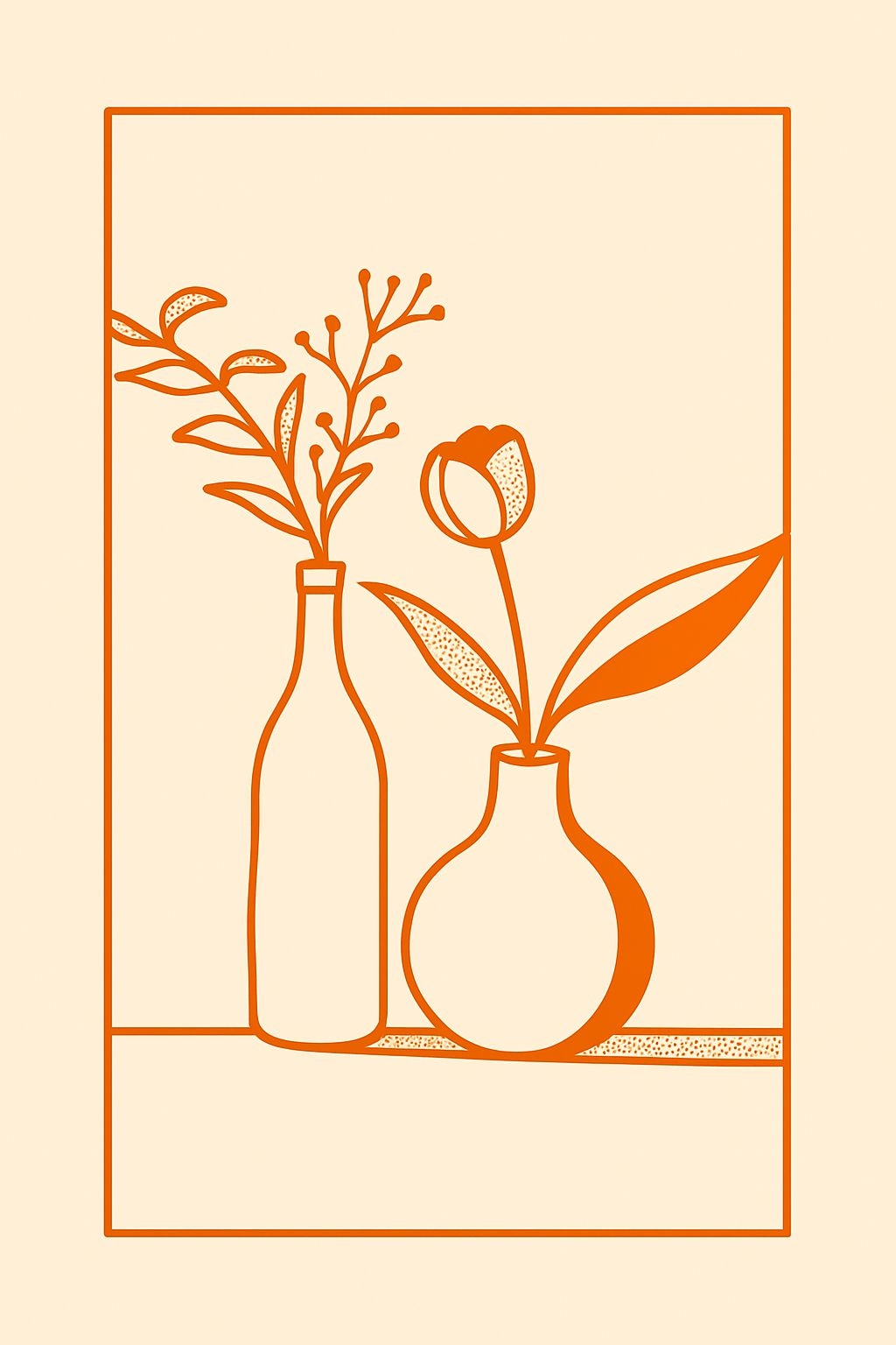 Minimalist Orange Vases with Plants Line Art T-Shirt