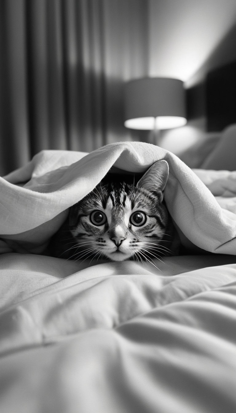Playful Tabby Cat Peeking from Under Blanket in Soft Lighting Mobile Wallpaper