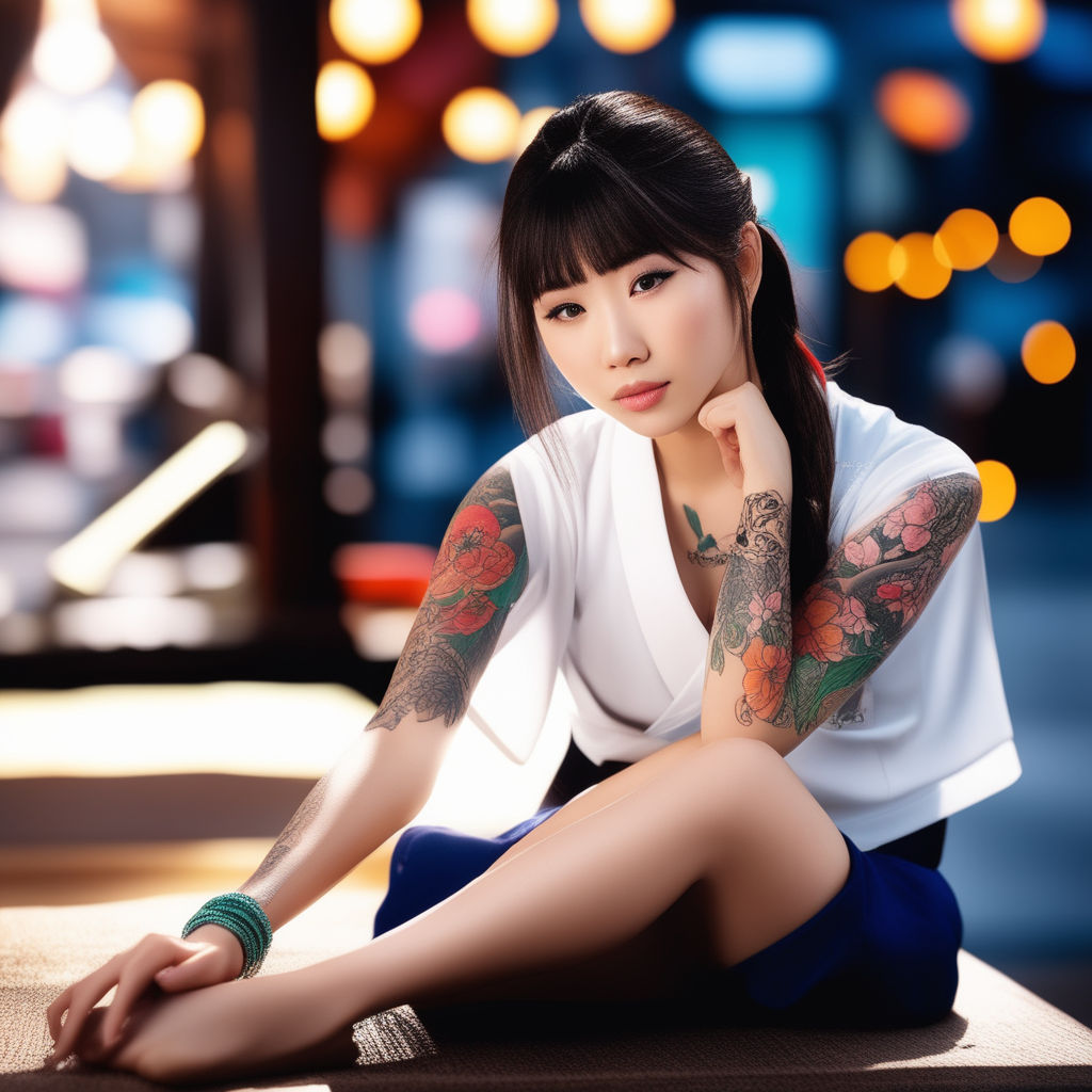 beautiful tattoo Asian girl sitting and smoking