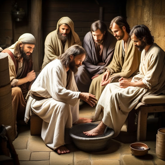 Jesus Christ engaged in the humble act of washing the discip... by ...