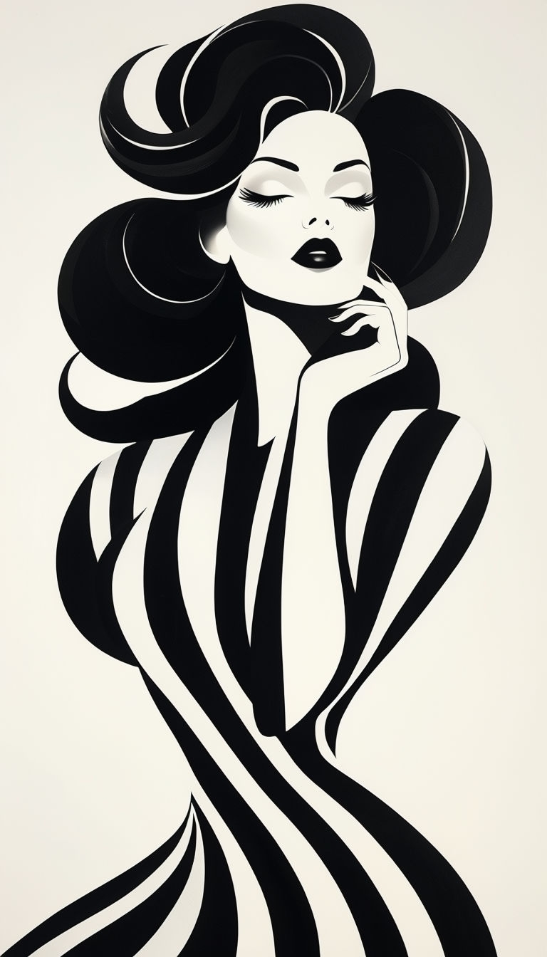 Stylized Monochrome Woman with Flowing Hair Art