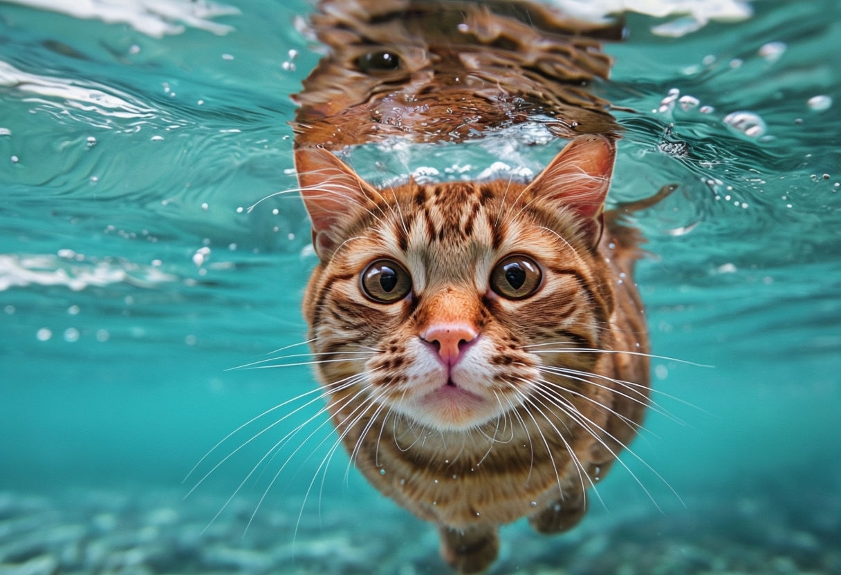 Curious Orange Tabby Cat Swimming Underwater Art