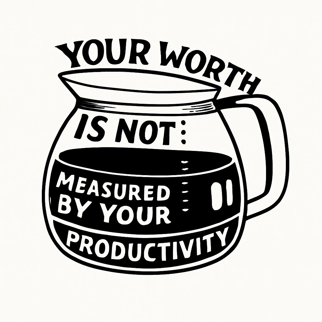 Motivational Coffee Pot Design with Productivity Message Sticker