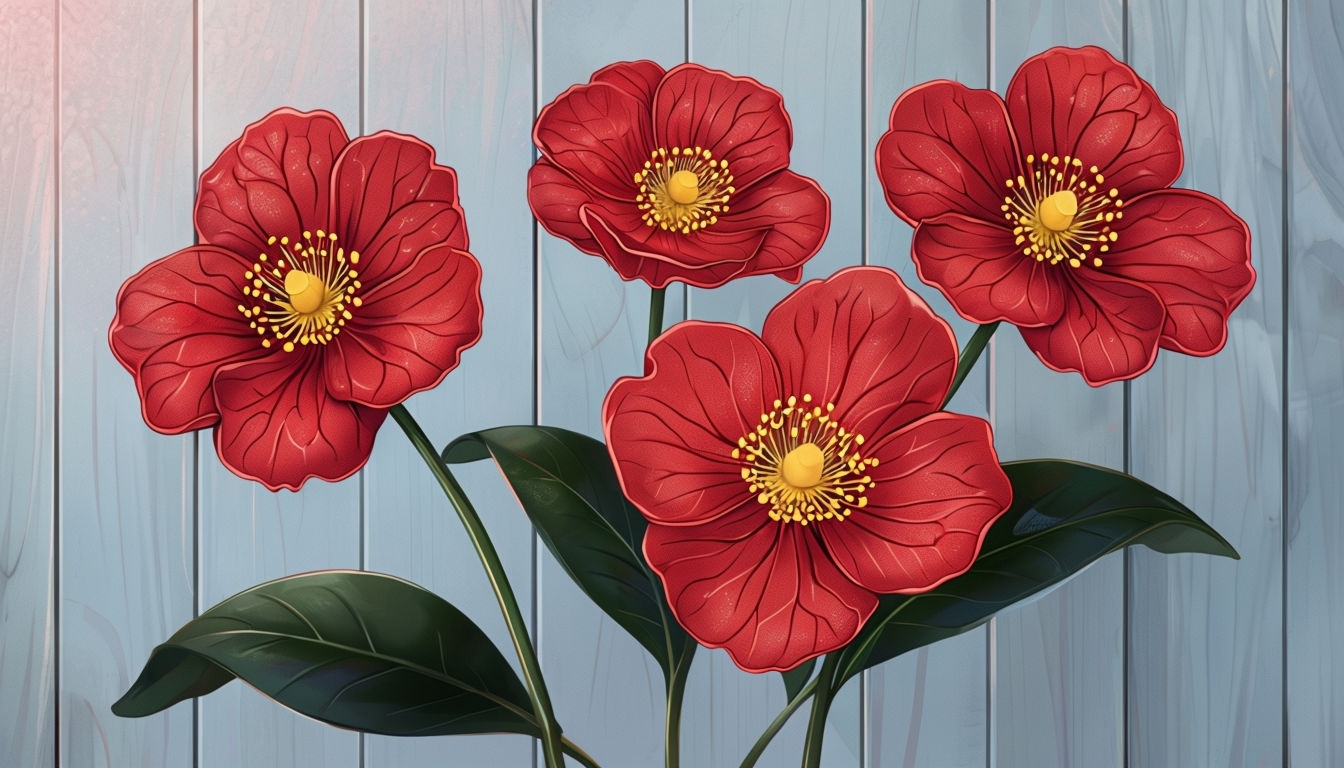 Glittery Red Flowers against Light Blue Wooden Background Art Virtual Backgrounds