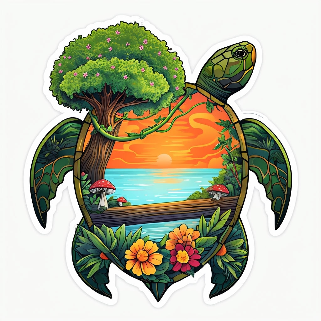 Whimsical Turtle Nature Landscape Illustration Sticker