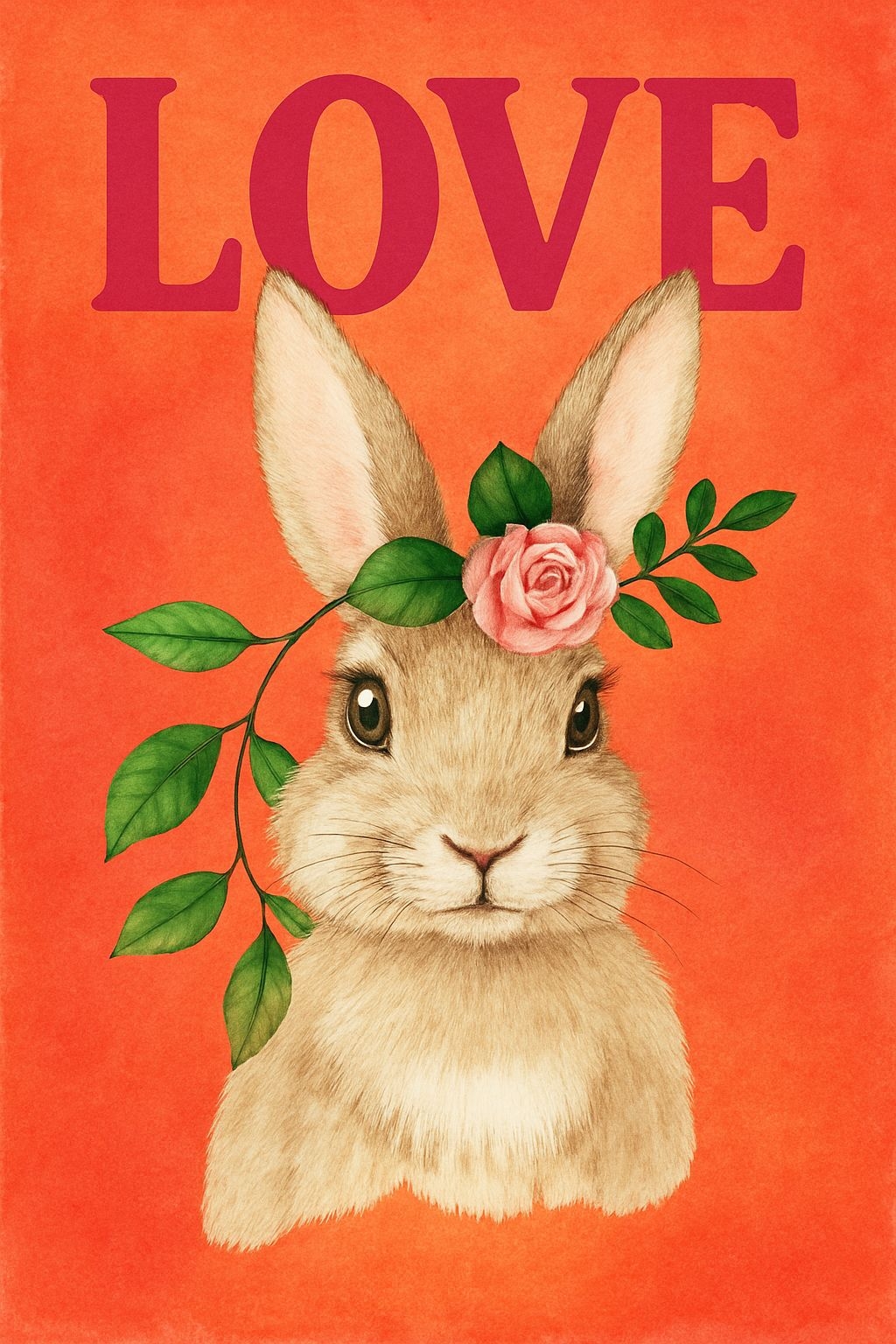 Charming Beige Hare with Pink Rose and 'LOVE' Text Poster