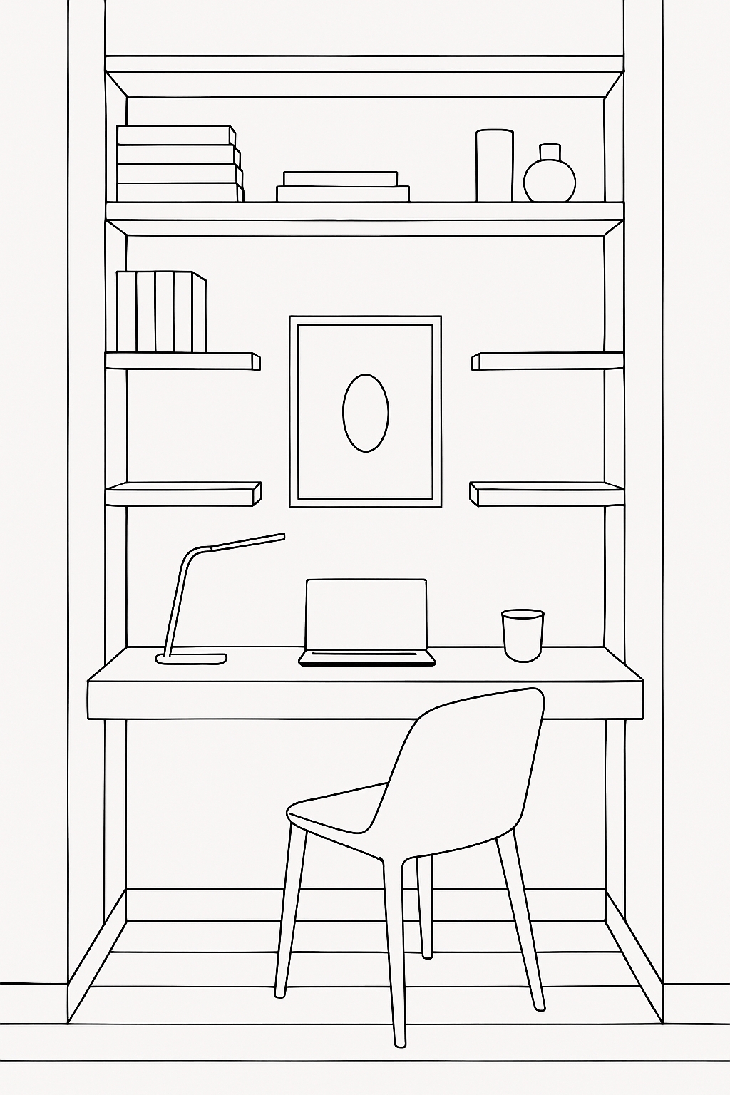 Minimalist Line Drawing of Organized Shelving Unit Coloring Book Pages