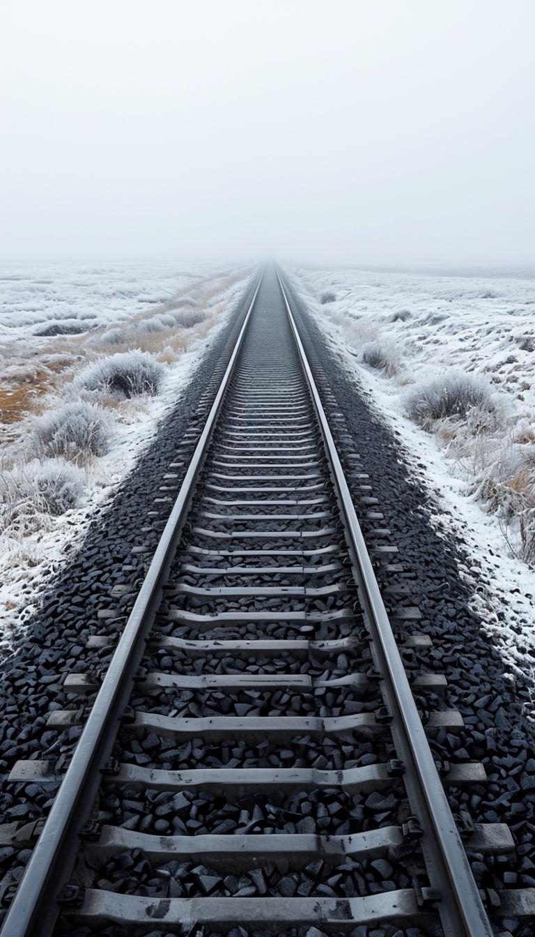 Tranquil Winter Railway Track in Foggy Landscape Mobile Wallpaper