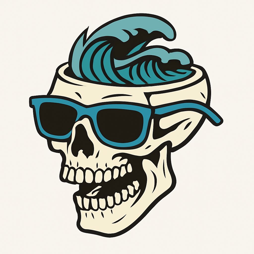 Whimsical Skull with Surf Waves and Sunglasses Illustration Sticker